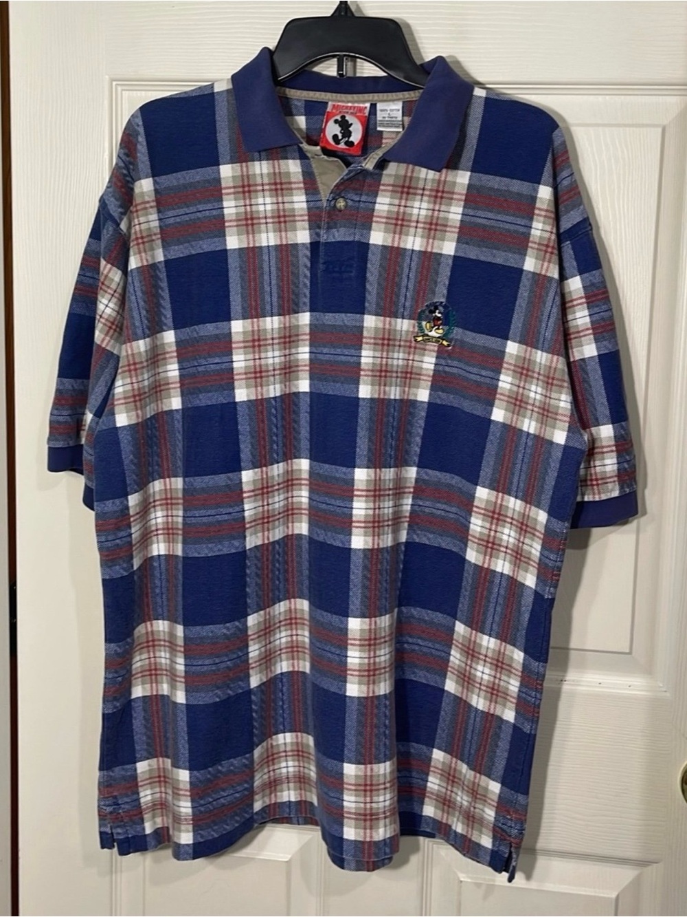 Mickey Mouse  Mens Blue Plaid Short-Sleeve Polo Shirt Large